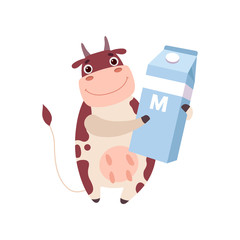 Cute Smiling Cow Holding Packaging of Milk, Funny Farm Animal Cartoon Character Vector Illustration