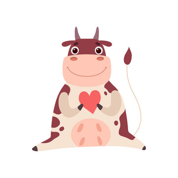 Cute Smiling Cow Sitting and Holding Red Heart, Funny Farm Animal Cartoon Character Vector Illustration