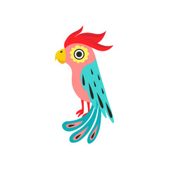 Parrot with Crest, Tropical Bird with Colored Feathers and Wings Vector Illustration