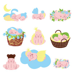 Collection of Cute Sleeping Newborn Babies Vector Illustration