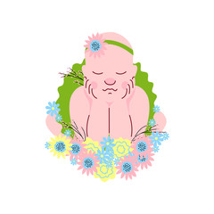Adorable Newborn Baby Girl in Flower Headband Sleeping on Flowers Vector Illustration