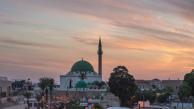 Beautiful sunset of the El Jazzar Mosque Acre, Israel Day to Night.