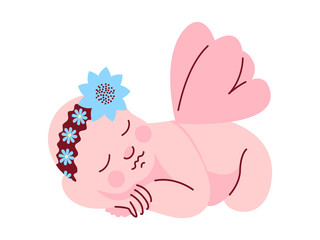 Adorable Newborn Baby Girl Dressed in Flower Headband and Wings Sleeping Vector Illustration