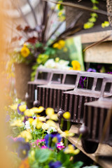 Naklejka na ściany i meble Rusty toy trucks in a row surrounded by flowers