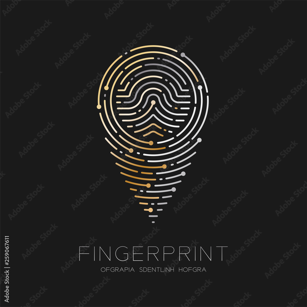Poster gps navigator icon shape fingerprint scan pattern logo dash line, digital map pointer concept, illus