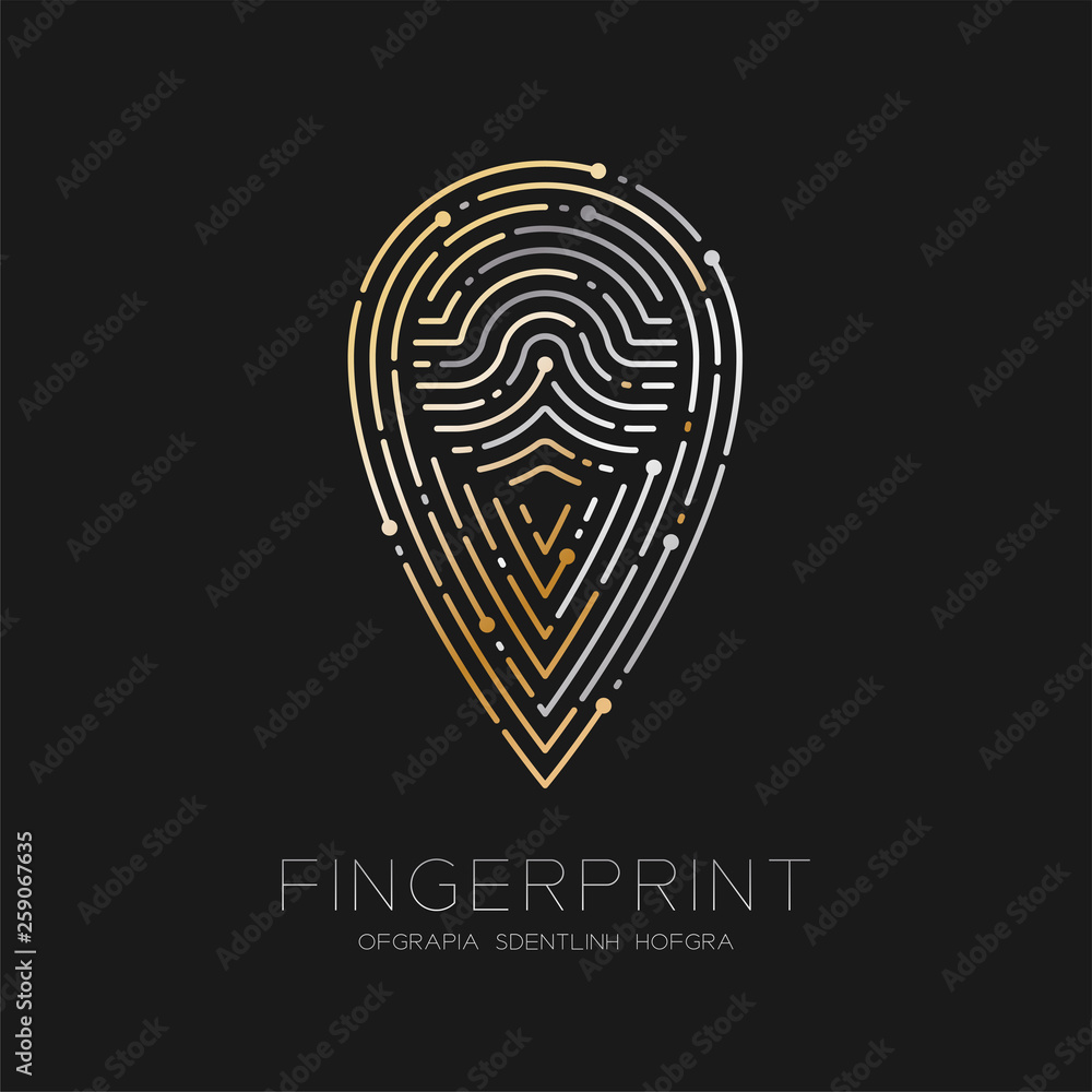 Poster gps navigator icon shape fingerprint scan pattern logo dash line, digital map pointer concept, illus