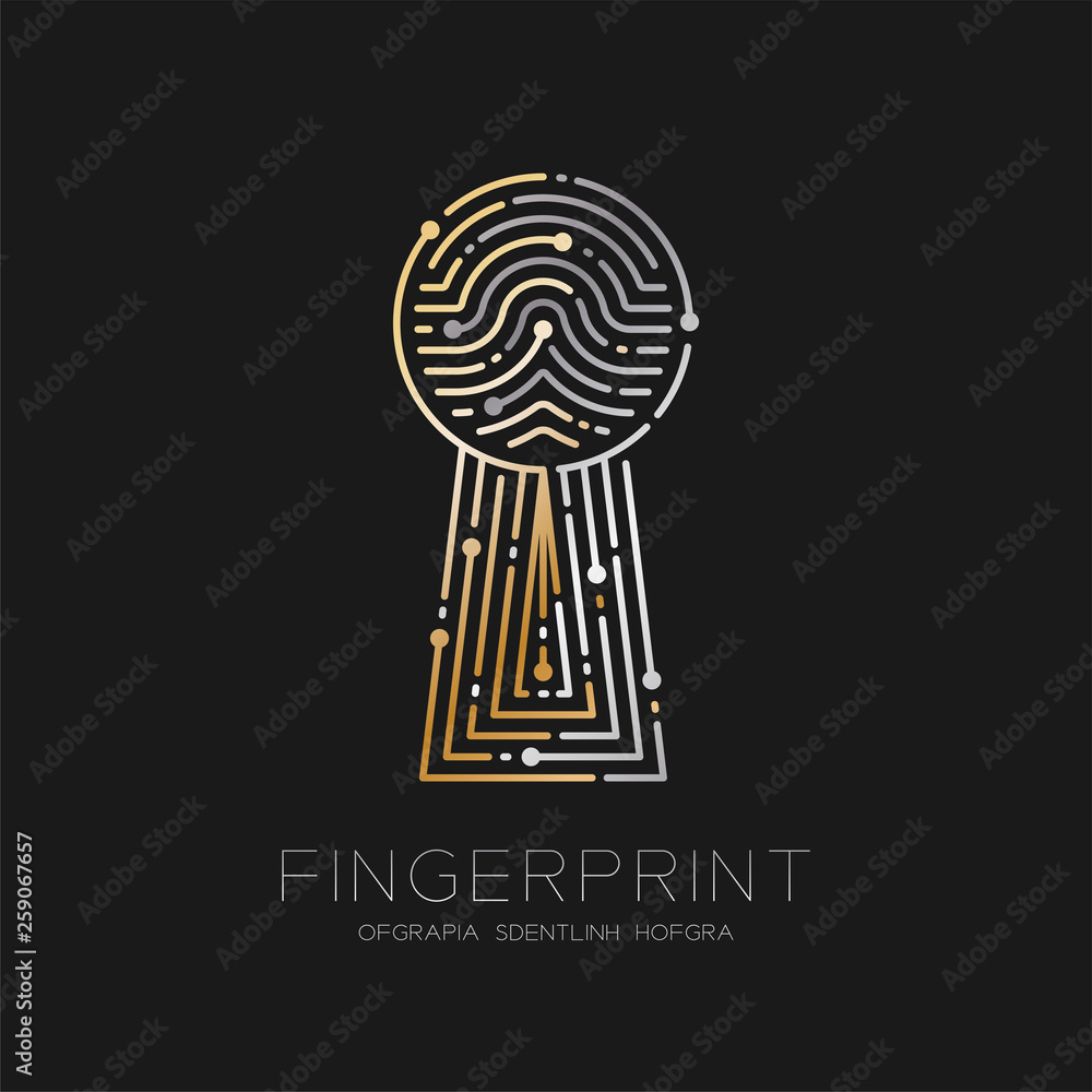 Poster keyhole shape fingerprint scan pattern logo dash line, digital gateway concept, illustration silver 