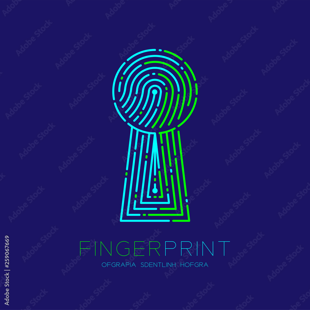 Poster keyhole shape fingerprint scan pattern logo dash line, digital gateway concept, editable stroke illu