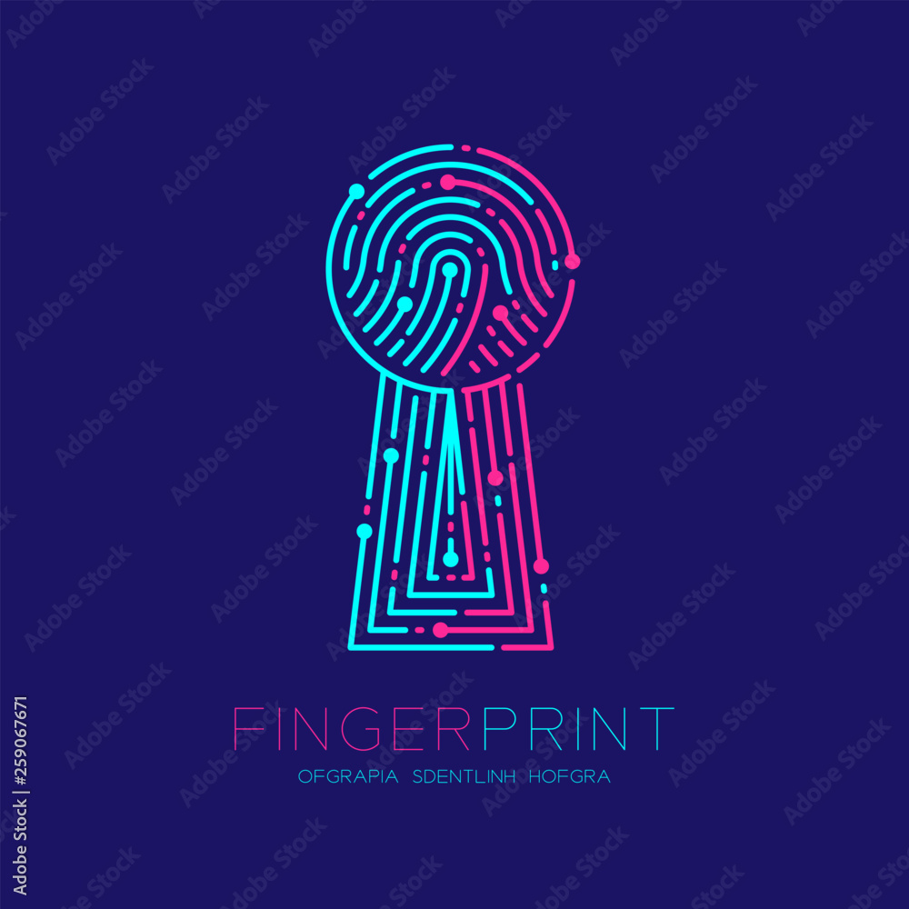 Aufkleber keyhole shape fingerprint scan pattern logo dash line, digital gateway concept, editable stroke illu