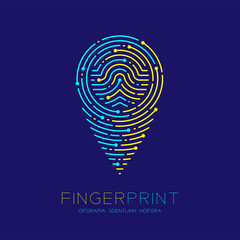GPS navigator icon shape Fingerprint scan pattern logo dash line, digital map pointer concept, Editable stroke illustration yellow and blue isolated on dark blue background with Fingerprint text