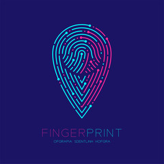 GPS navigator icon shape Fingerprint scan pattern logo dash line, digital map pointer concept, Editable stroke illustration pink and blue isolated on dark blue background with Fingerprint text