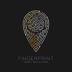 GPS navigator icon shape Fingerprint scan pattern logo dash line, digital map pointer concept, illustration silver and gold isolated on black background with Fingerprint text