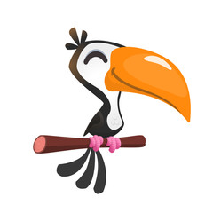 Funny toucan cartoon. Vector toucan bird sitting on the branch. Illustration isolated © drawkman