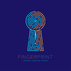 Keyhole shape Fingerprint scan pattern logo dash line, digital gateway concept, Editable stroke illustration orange and blue isolated on dark blue background with Fingerprint text and space, vector