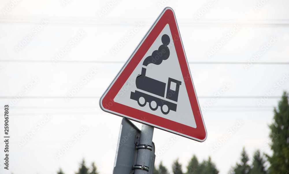 Wall mural Russian sign railway crossing. Sign caution train.