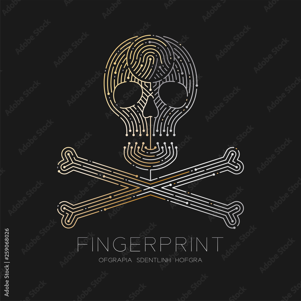 Poster skull and crossbones shape fingerprint pattern logo dash line, danger technology concept design illu
