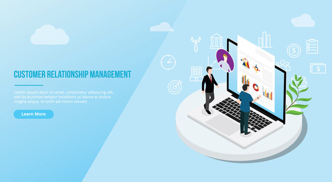 crm isometric customer relationship management concept for website template landing homepage - vector