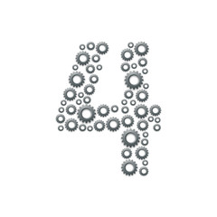 Alphabet set letter number four or 4, Engineering Gear pattern, Teamwork system concept design illustration isolated on white background, vector eps 10
