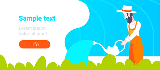 bearded gardener watering young plants in greenhouse organic farming concept male cartoon character portrait flat horizontal banner copy space