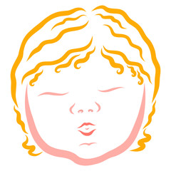 head of a plump baby with eyes closed, wavy yellow hair