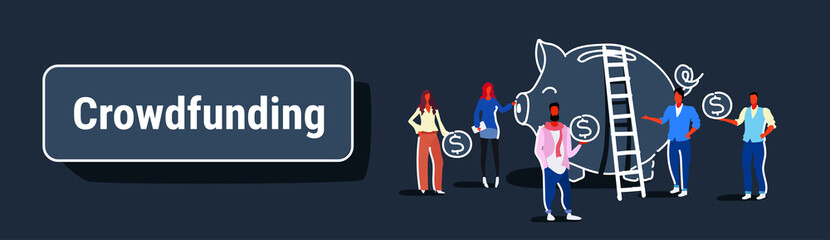 businesspeople group investment money investor crowdfunding concept business people investing dollar coins piggy bank crowd funding dark background sketch horizontal banner