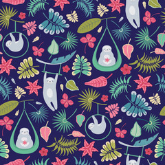 Seamless vector repeat pattern of circus sloths and tropical foliage and flowers. Colourful surface pattern design.