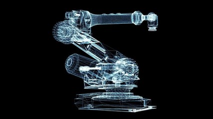 Industrial robot arm consisting of luminous lines and dots