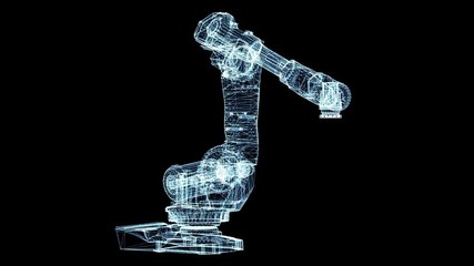 Industrial robot arm consisting of luminous lines and dots