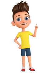 Cartoon character boy points to an empty space. 3d rendering. Illustration for advertising.