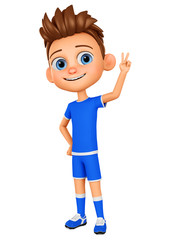 Cartoon character boy in blue uniform shows the world peace. 3d rendering. Illustration for advertising.