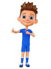 Cartoon character boy in blue uniform points to the thumb up. 3d rendering. Illustration for advertising.