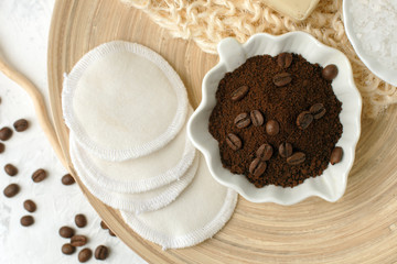 Natural Ingredients for Homemade Body Coffee Sugar Salt Scrub Oil Beauty SPA Concept natural organic Body Skin Care, wellness background, top view, copy space
