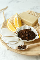 Ingredients for Homemade face and body organic all natural organic coffee scrub (peeling), spa wellness stylish background, copy space