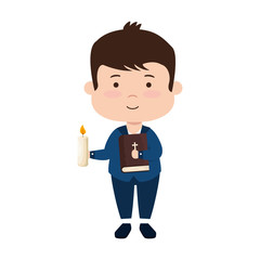 little boy with bibble and candle first communion
