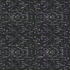 Abstract seamless pattern with mirrored symmetrical, warped stripe shapes and splatters in black, white and pruple.