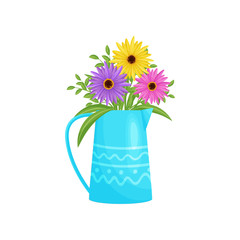 Colorful flowers bouquet in blue vase. Vector illustration.