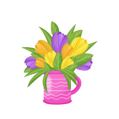 Colorful tulips bouquet in pink vase. Vector illustration.