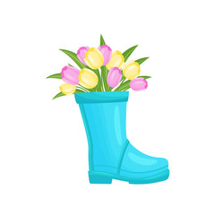 Colorful tulips bouquet in blue vase boot.