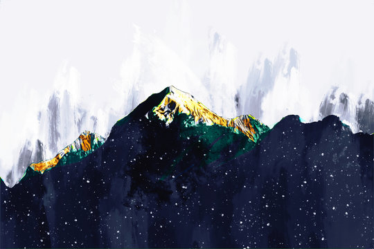 Abstract Painting Of Mountains In Cool Tone , Digital Painting