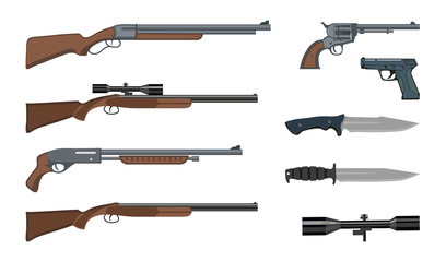 Firearms and ammunition. Military weapon. Army handgun and revolver gun. Various kind of rifle. Vector graphics to design