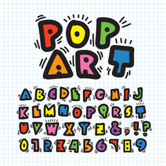 Alphabe & number in pop art style. Doodle font for title, headline, poster, comics, or print. Colorful hand drawn typeface collection.