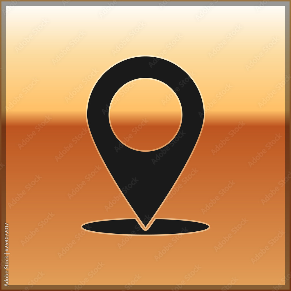 Poster black map pin icon isolated on gold background. pointer symbol. location sign. navigation map, gps, 