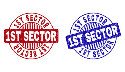 Grunge 1ST SECTOR round stamp seals isolated on a white background. Round seals with distress texture in red and blue colors.