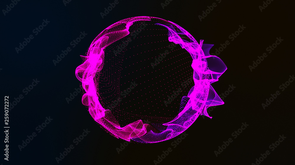 Poster sphere circle digital abstract particles form grid lines, pink surface.