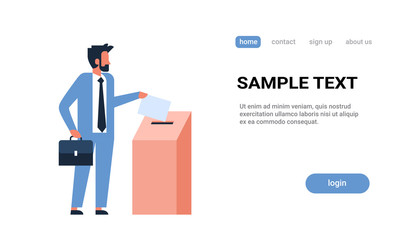 election day concept businessman voter putting paper ballot list in box during voting full length flat horizontal copy space white background