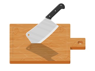 Wooden cutting board and kitchen knife. Butcher cleaver knife and chopping board. Utensils, household cutlery. Cooking, domestic kitchenware. Vector illustration in flat style