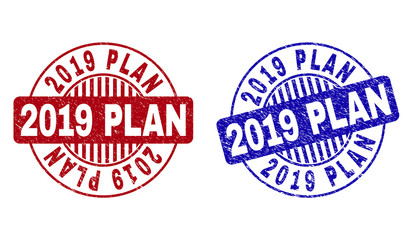 Grunge 2019 PLAN round stamp seals isolated on a white background. Round seals with grunge texture in red and blue colors. Vector rubber imitation of 2019 PLAN caption inside circle form with stripes.