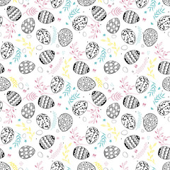 Seamless easter pattern with ornamental hand drawn eggs, leaves, butterflies. Easter holiday colorful background. Vector illustration.