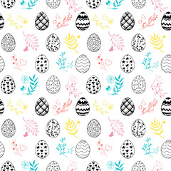 Seamless easter pattern with ornamental hand drawn eggs, leaves, butterflies. Easter holiday colorful background. Vector illustration.