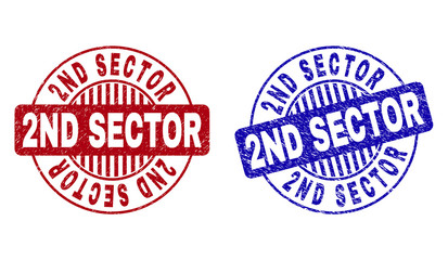 Grunge 2ND SECTOR round stamp seals isolated on a white background. Round seals with grunge texture in red and blue colors. Vector rubber watermark of 2ND SECTOR text inside circle form with stripes.